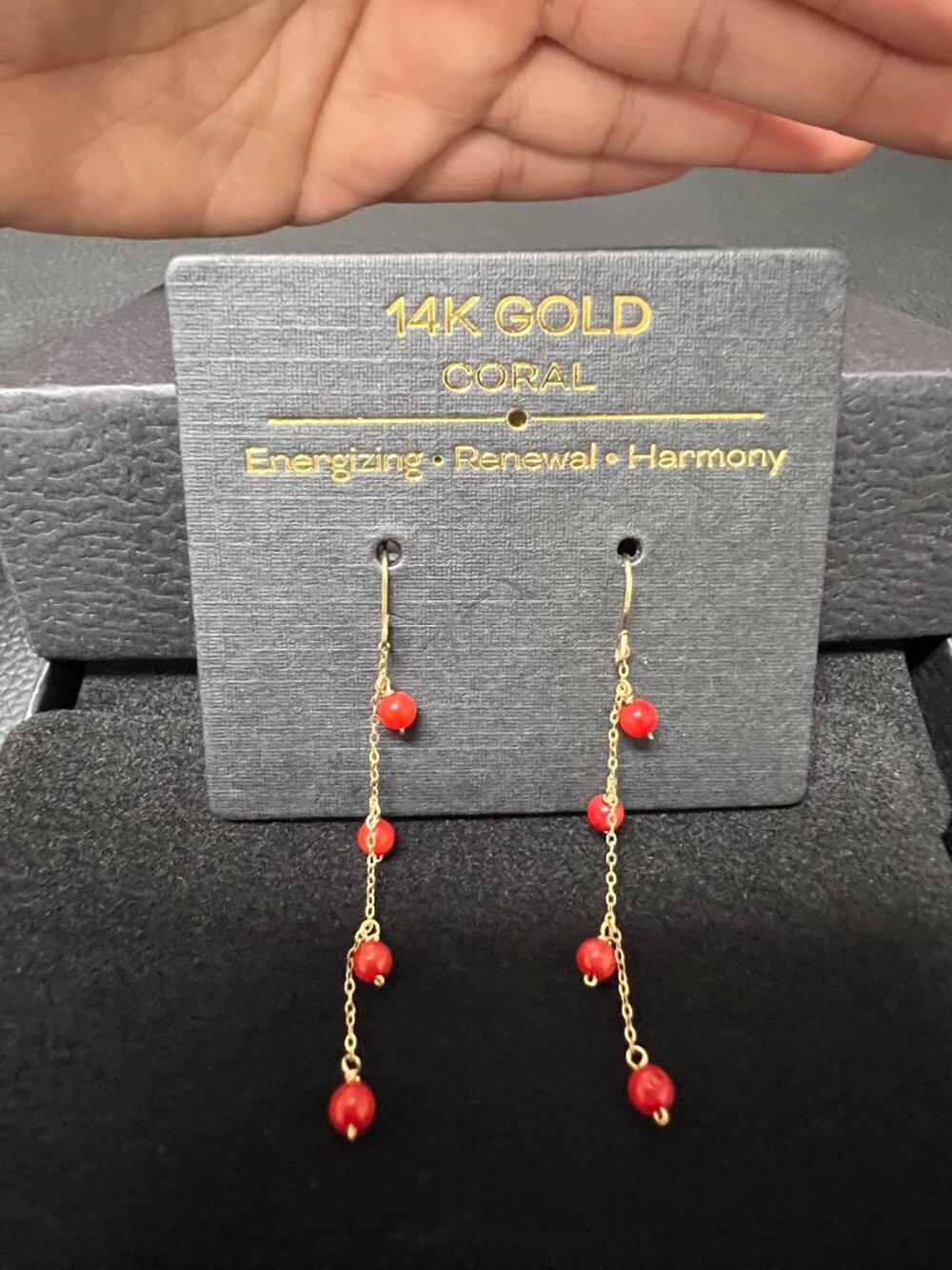 Solid 14K Gold Red Coral Beaded Long Dangle Earrings – Delicate Fine Jewelry